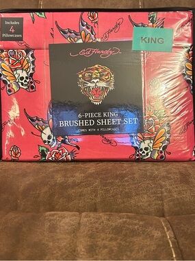 Ed Hardy King Brushed Sheet Set in Hot Pink with Multicolor Tattoo Motifs